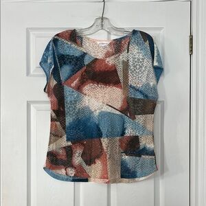 Northern Reflections Abstract Pattern Short Sleeve Top - Blue, Brown, Cream